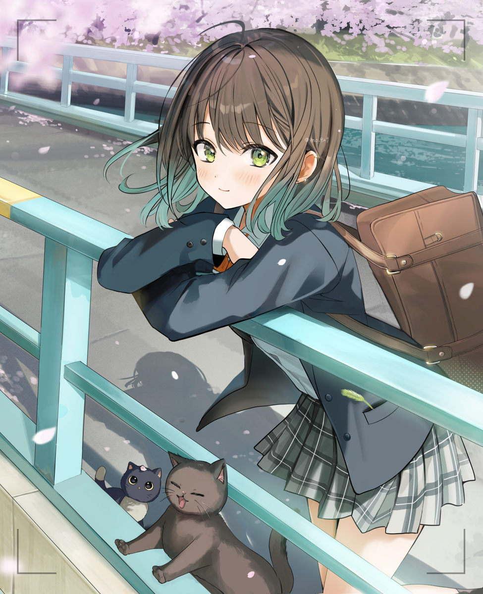 This is a pixiv picture whose title is 「橋の上で先輩と待ち合わせ🌸」.