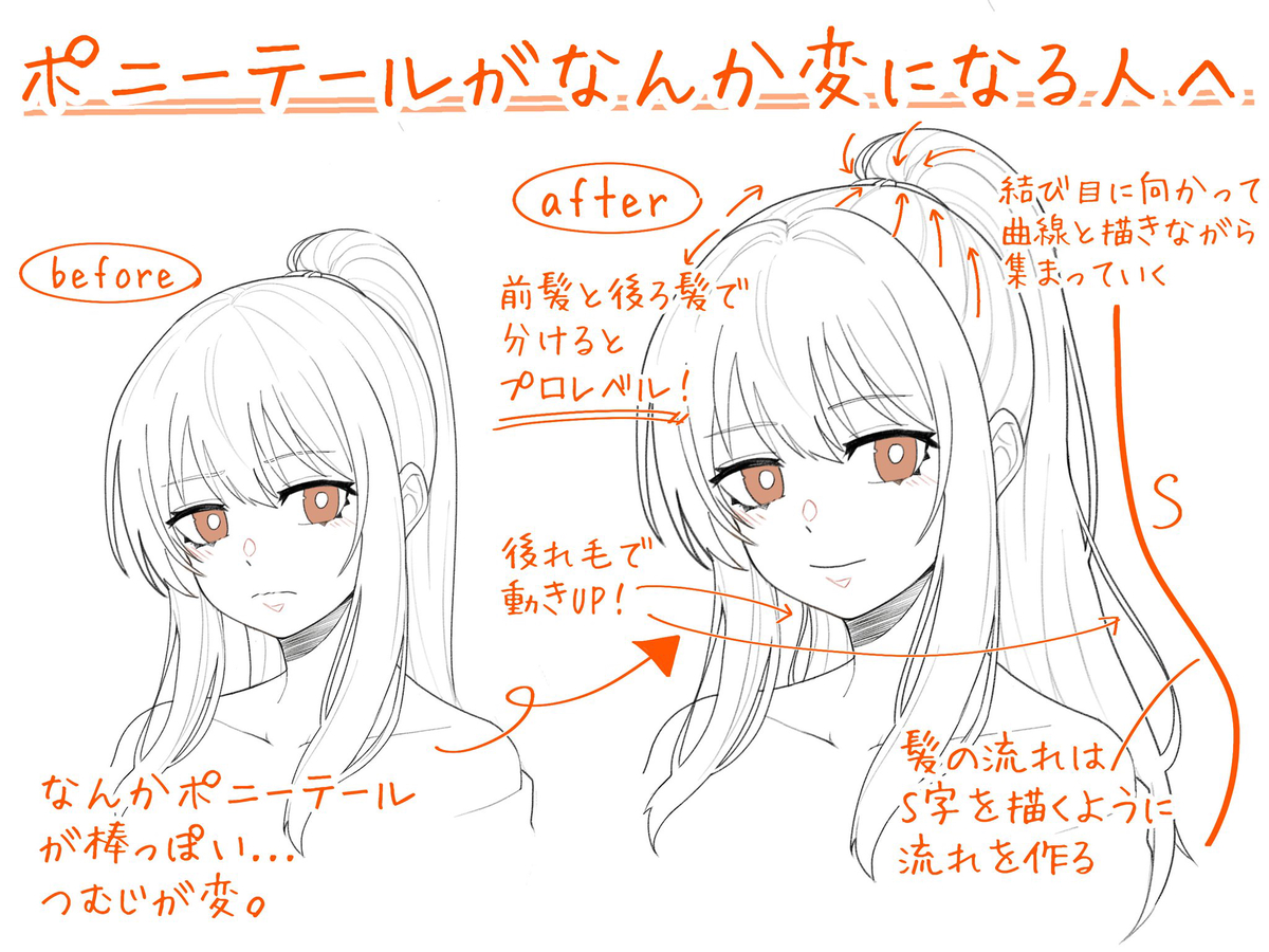 This is a pixiv picture whose title is ポニーテールがなんか変になる人へ.