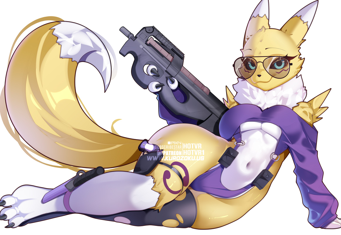 This is a pixiv picture whose title is Renamon with the P90.