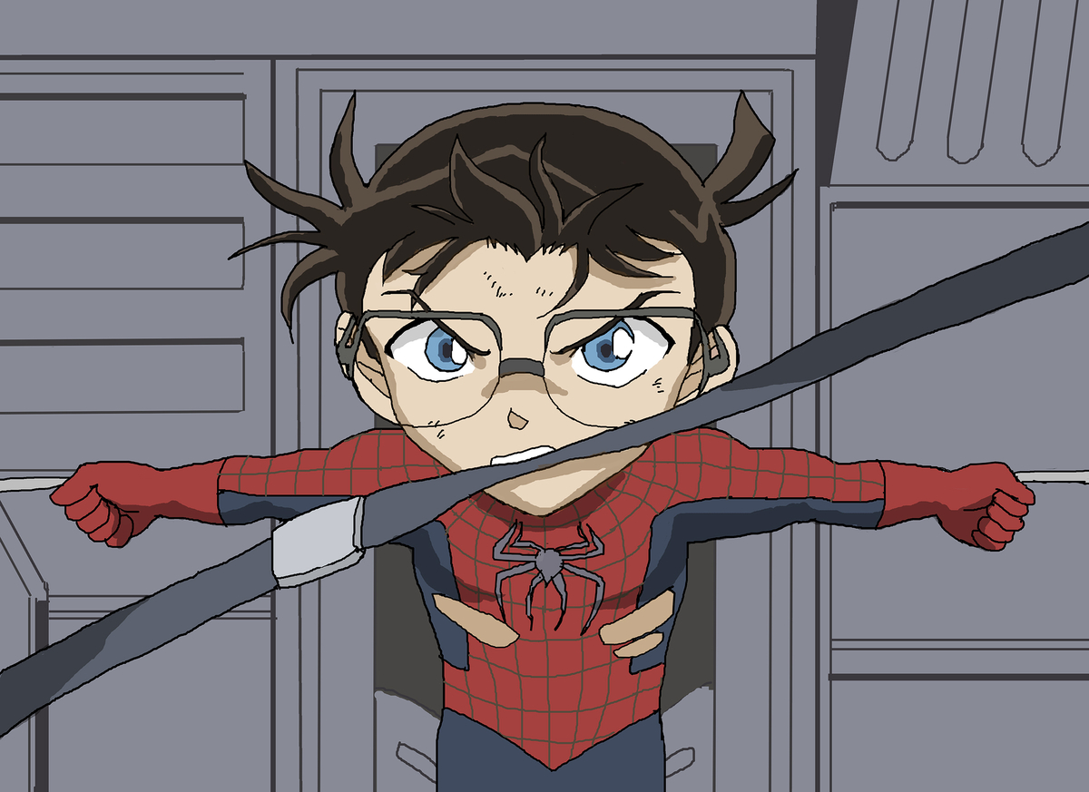 This is a pixiv picture whose title is リニアの暴走を止めようとするコナンくん.