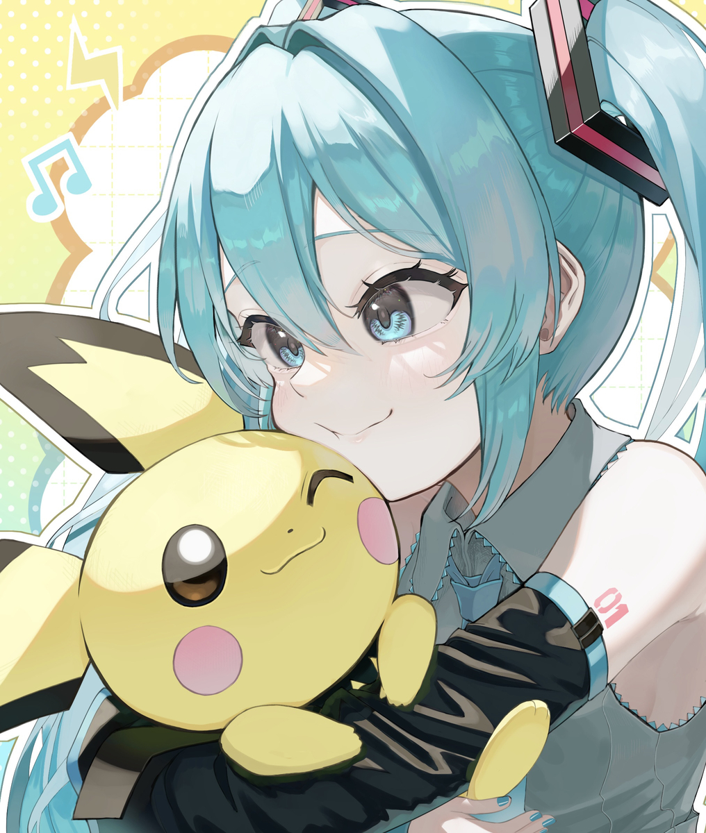 This is a pixiv picture whose title is 初音ミク×ピチュー.
