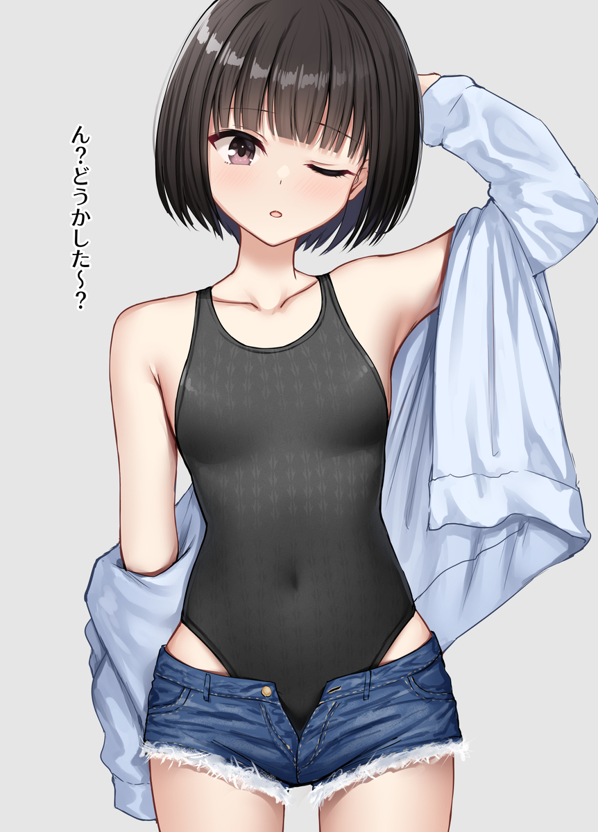 This is a pixiv picture whose title is 競泳水着×ホットパンツ.