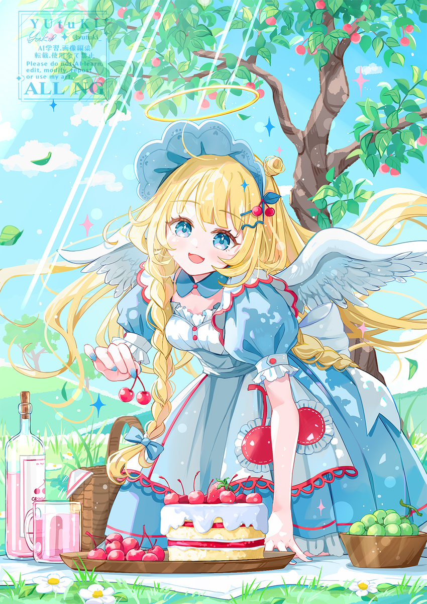 This is a pixiv picture whose title is 天使のピクニック🍒🍰🌳.
