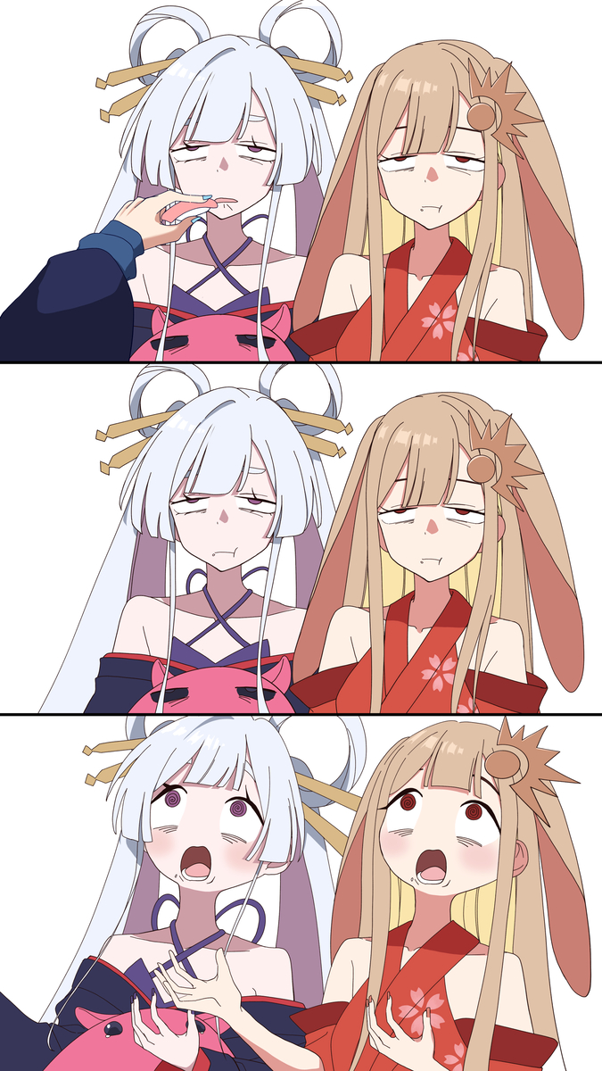 This is a pixiv picture whose title is ちょーおいしいお寿司をたべたかぐやとヤチヨの反応が可愛すぎた.