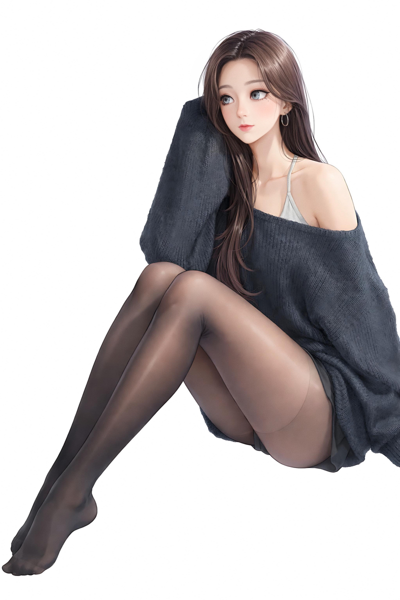 This is a pixiv picture whose title is 涙ぼくろにニット姿、黒タイツを履いた女の子.