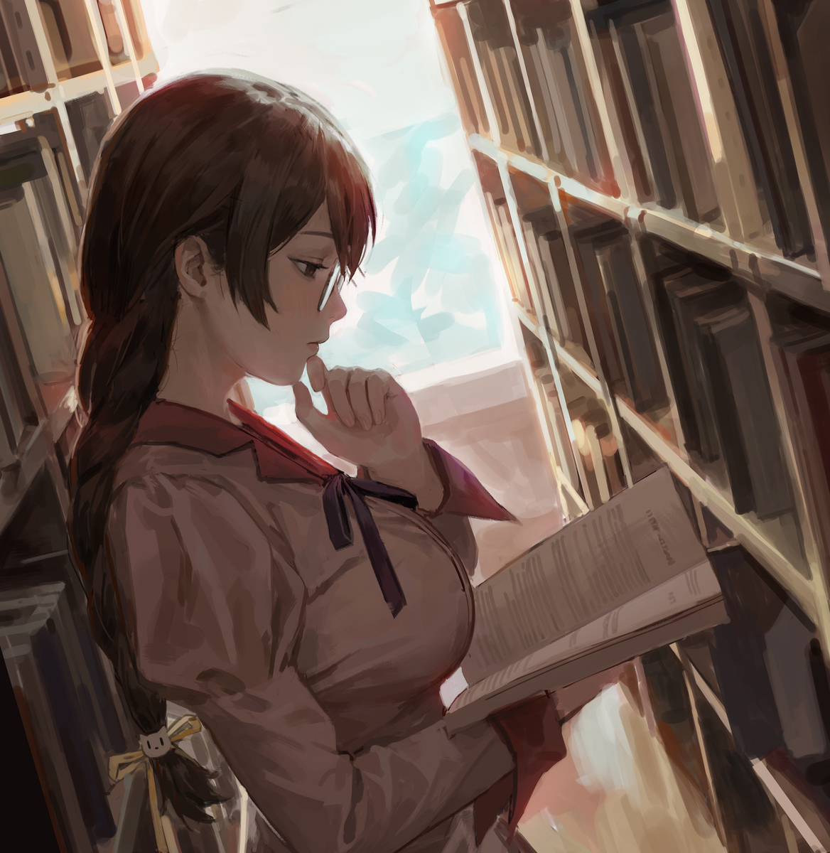 This is a pixiv picture whose title is 羽川-图书馆.