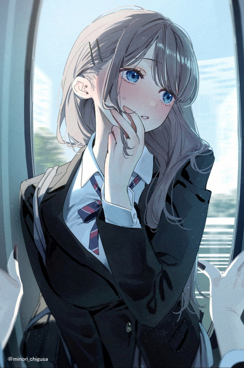 This is a pixiv picture whose title is ｢……えっと、電車混んでるね｣.