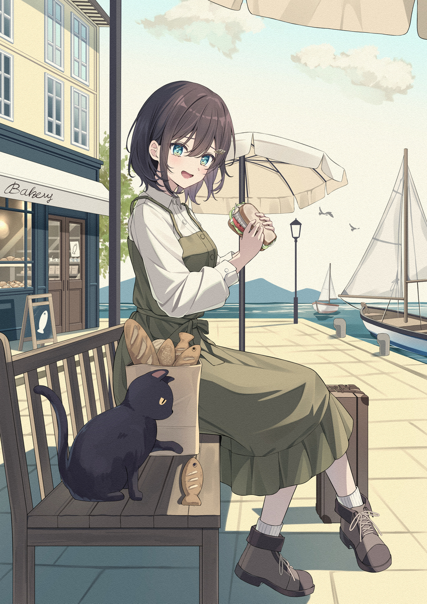 This is a pixiv picture whose title is 海辺の街のおさかなパン.