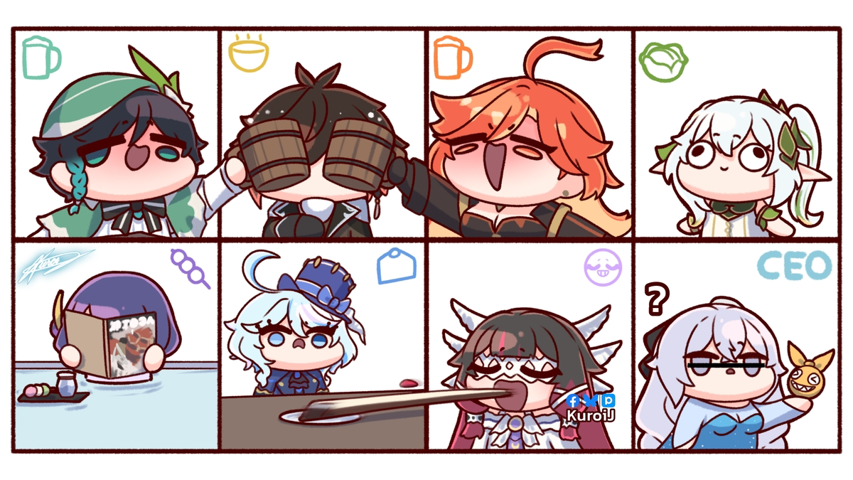 This is a pixiv picture whose title is The Archons + Moon 🍺🍵🍡🥬🍰🍺🌝❄️.