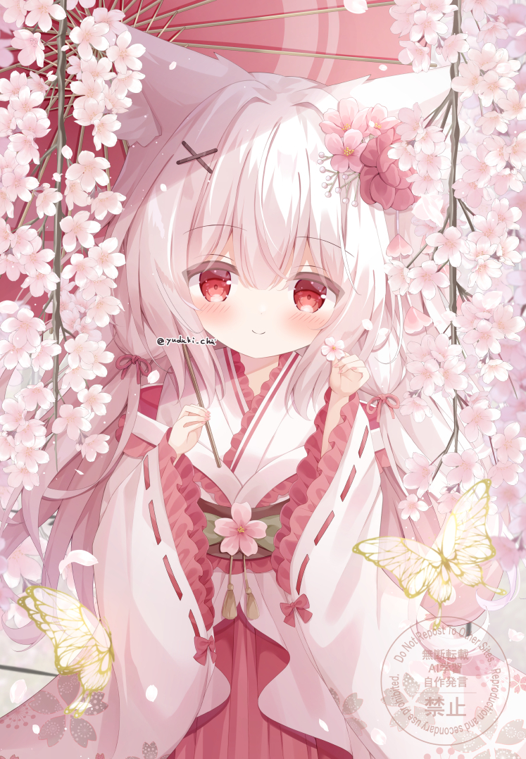 This is a pixiv picture whose title is 枝垂れ桜と狐っ子.
