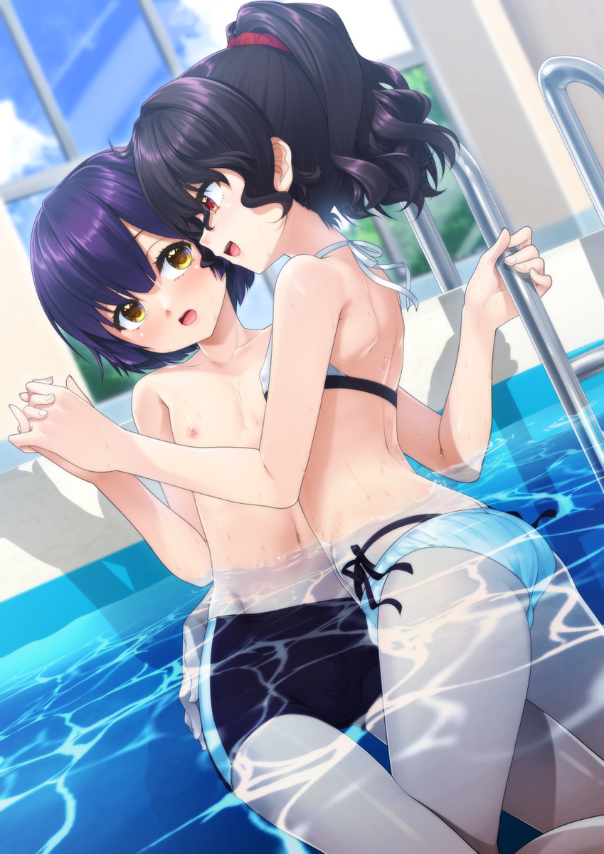 This is a pixiv picture whose title is 【skeb納品】さっちゃんとせんぱいのプール事情.