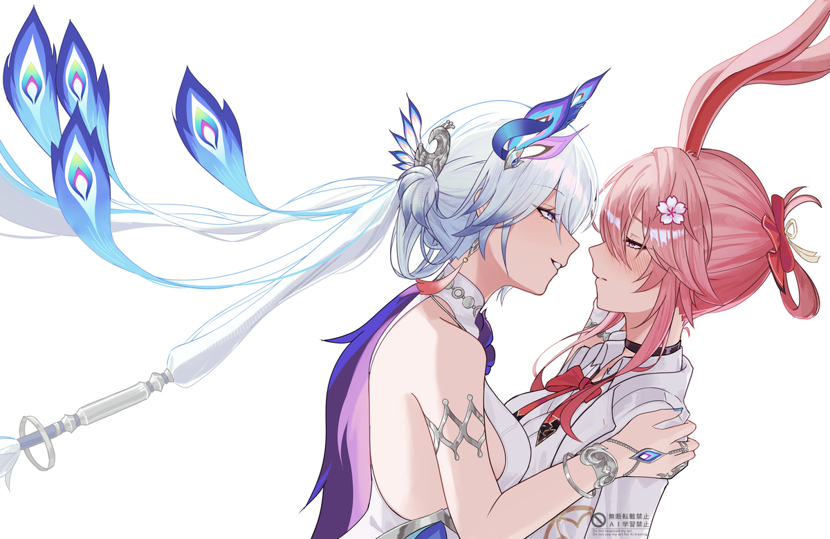 This is a pixiv picture whose title is 🦚🐇.