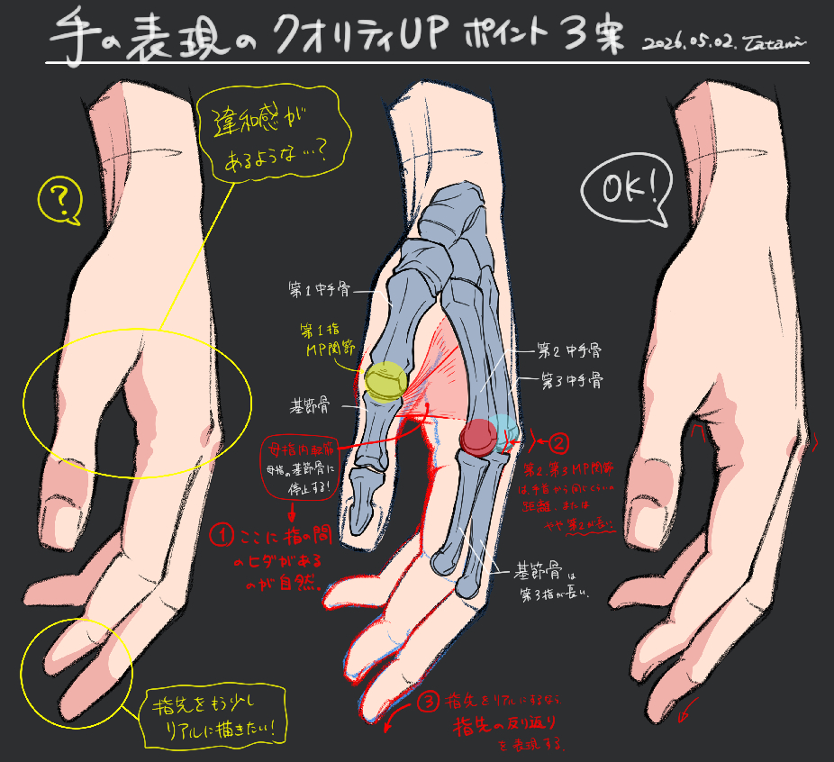 This is a pixiv picture whose title is 手を描くポイント３つ.