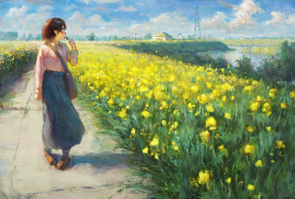 This is a pixiv picture whose title is 土手の菜の花.