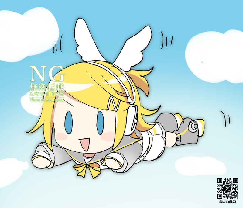 This is a pixiv picture whose title is 鏡音リンNTは空を飛ぶらしい.