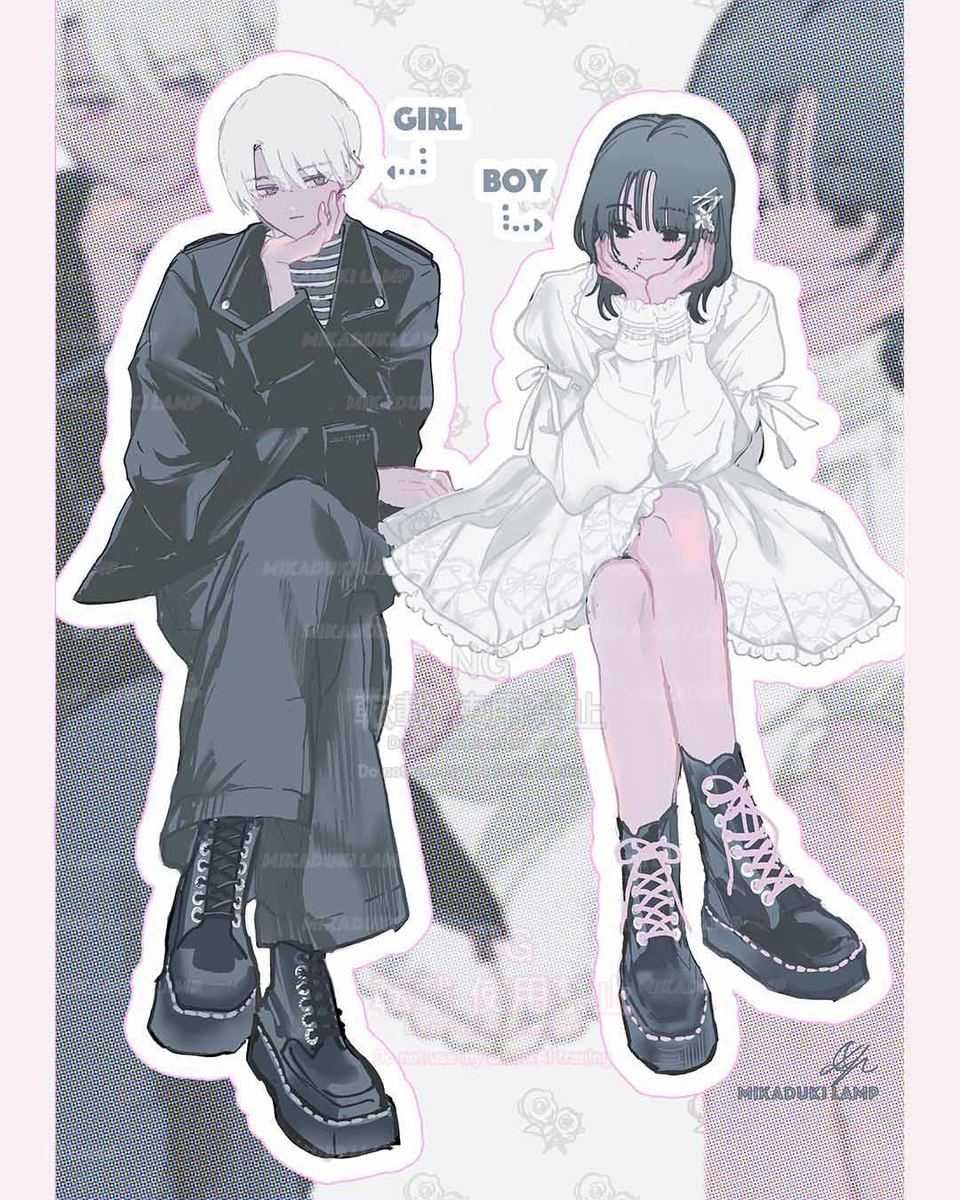 This is a pixiv picture whose title is 「女装男子と男装女子はお似合いカップル」イラストまとめ②.