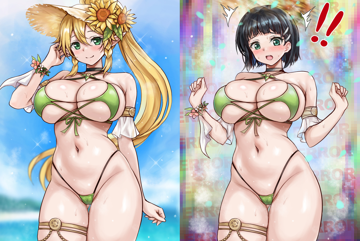 This is a pixiv picture whose title is 水着リーファとデータ改ざんバグ直葉.