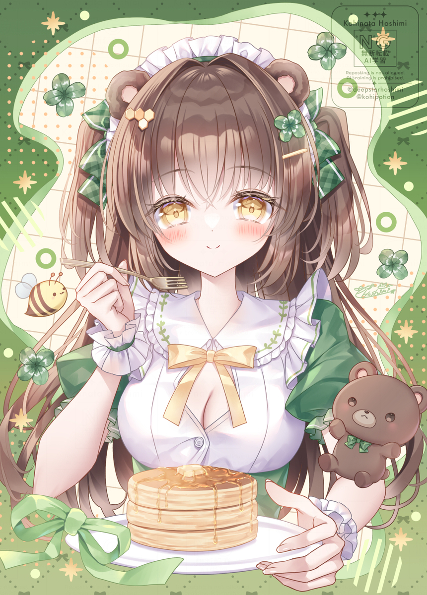 This is a pixiv picture whose title is くまカフェパンケーキ🐻🍀🥞.