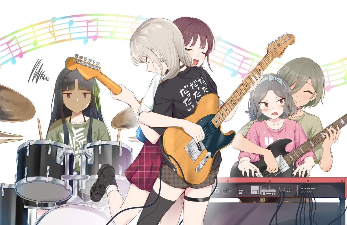 This is a pixiv picture whose title is 排练室只有三个人的空间，但乐队有五个人.