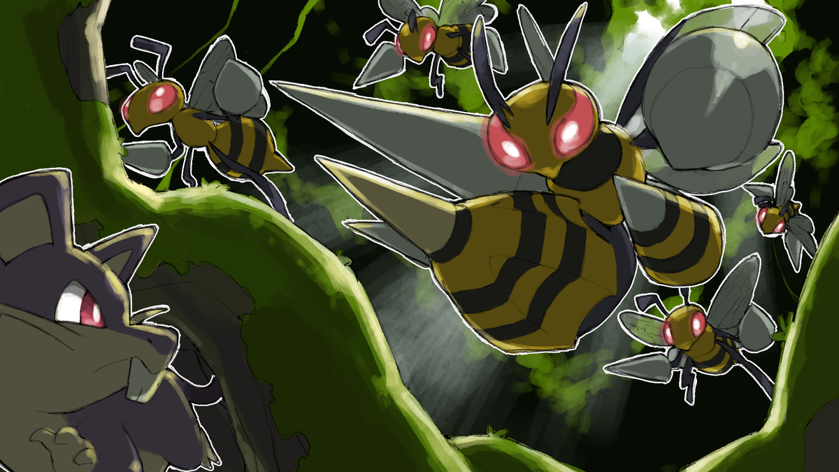 This is a pixiv picture whose title is Beedrill and Mega Beedrill.