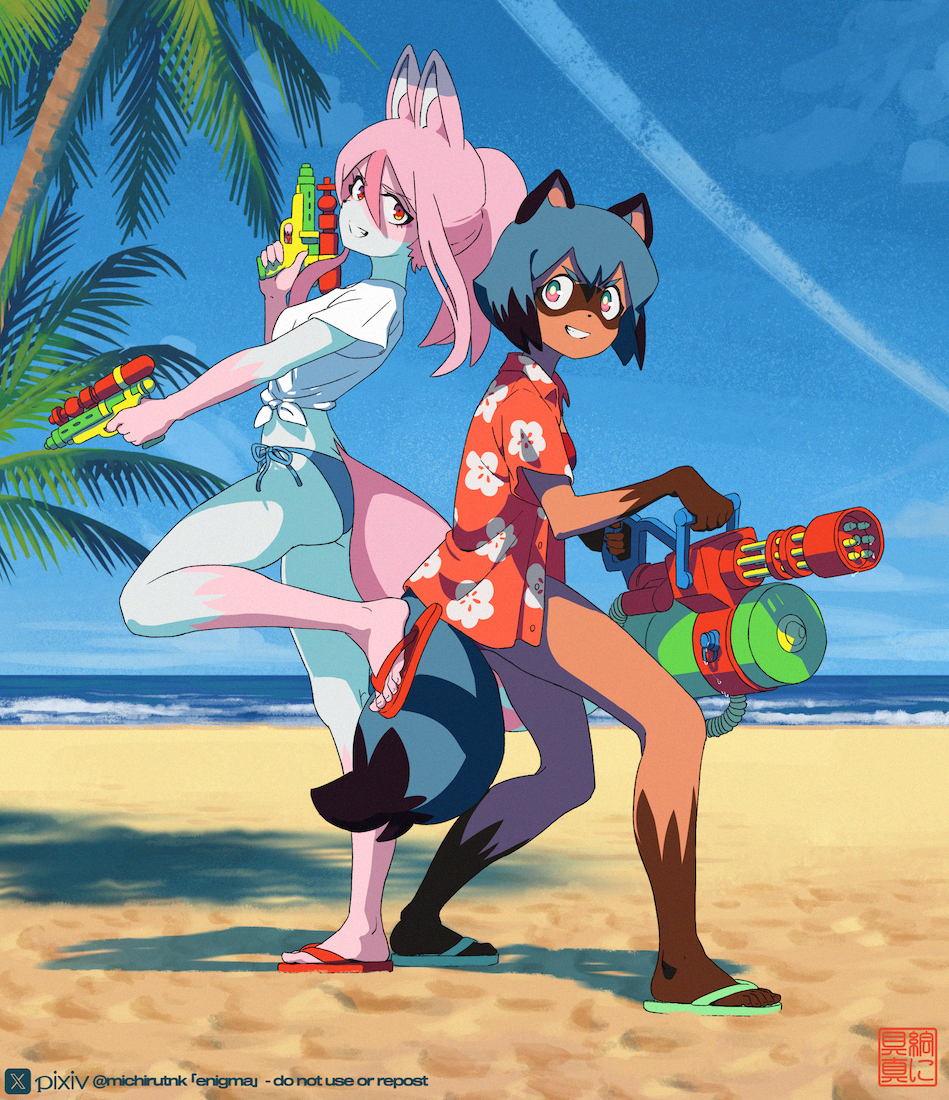 This is a pixiv picture whose title is 「水鉄砲戦線、開幕！」.