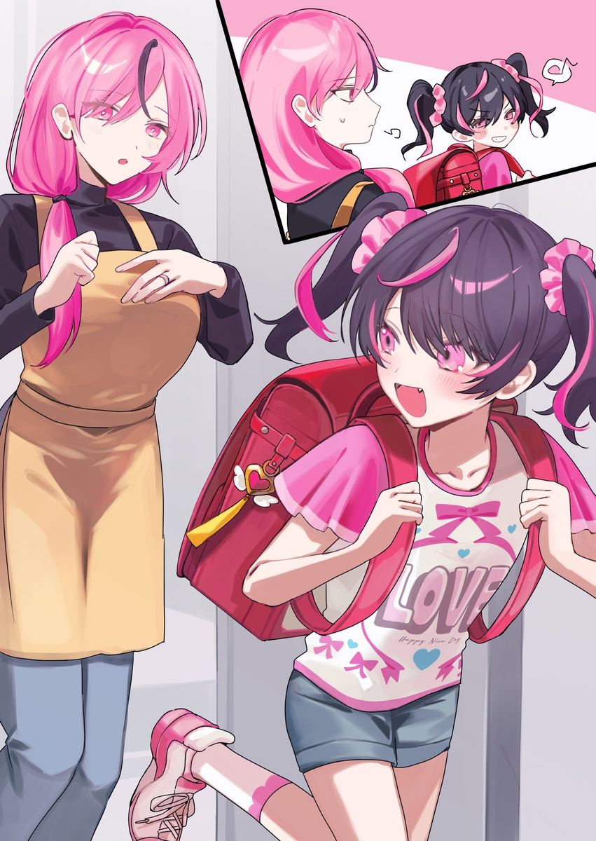 This is a pixiv picture whose title is TS魔法少女ママと魔王娘（前編）　表紙・挿絵イラスト.
