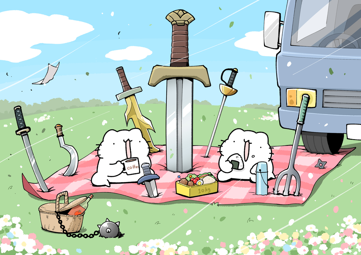 This is a pixiv picture whose title is レジャーシートを絶対に風で飛ばされたくない猫.