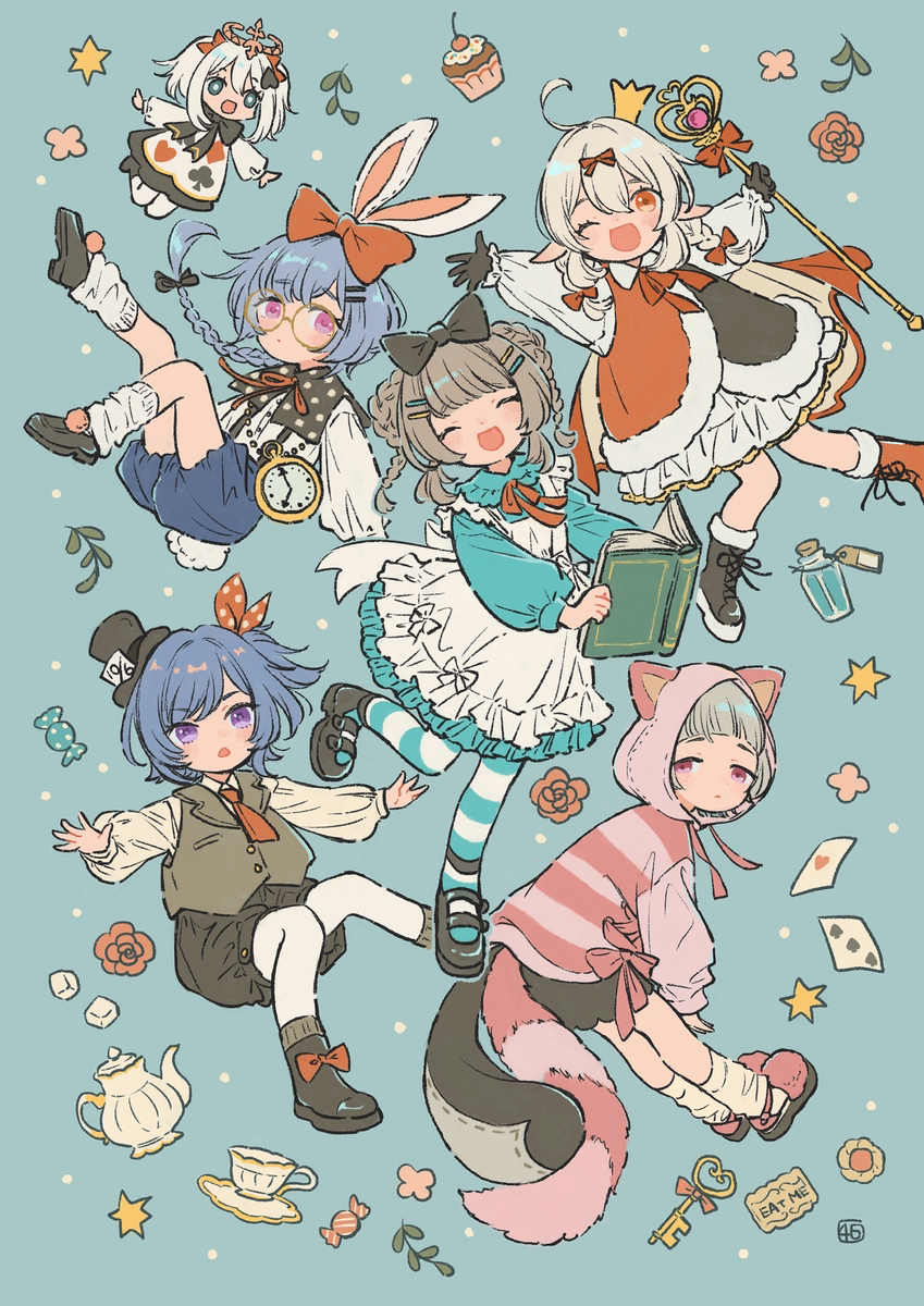 This is a pixiv picture whose title is 小さな魔女会で不思議の国のアリス.
