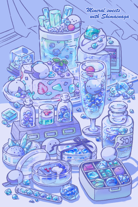 This is a pixiv picture whose title is シマエナガと鉱物スイーツ.