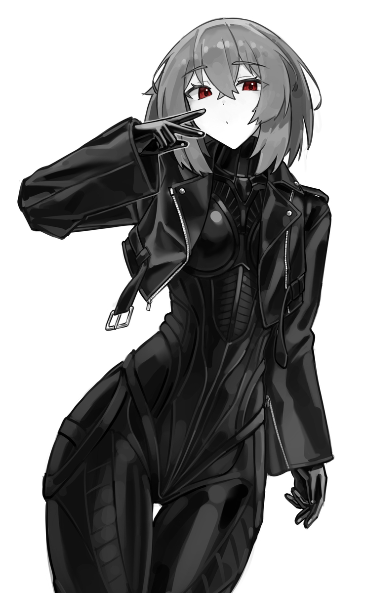This is a pixiv picture whose title is silicone suit + leather jacket.