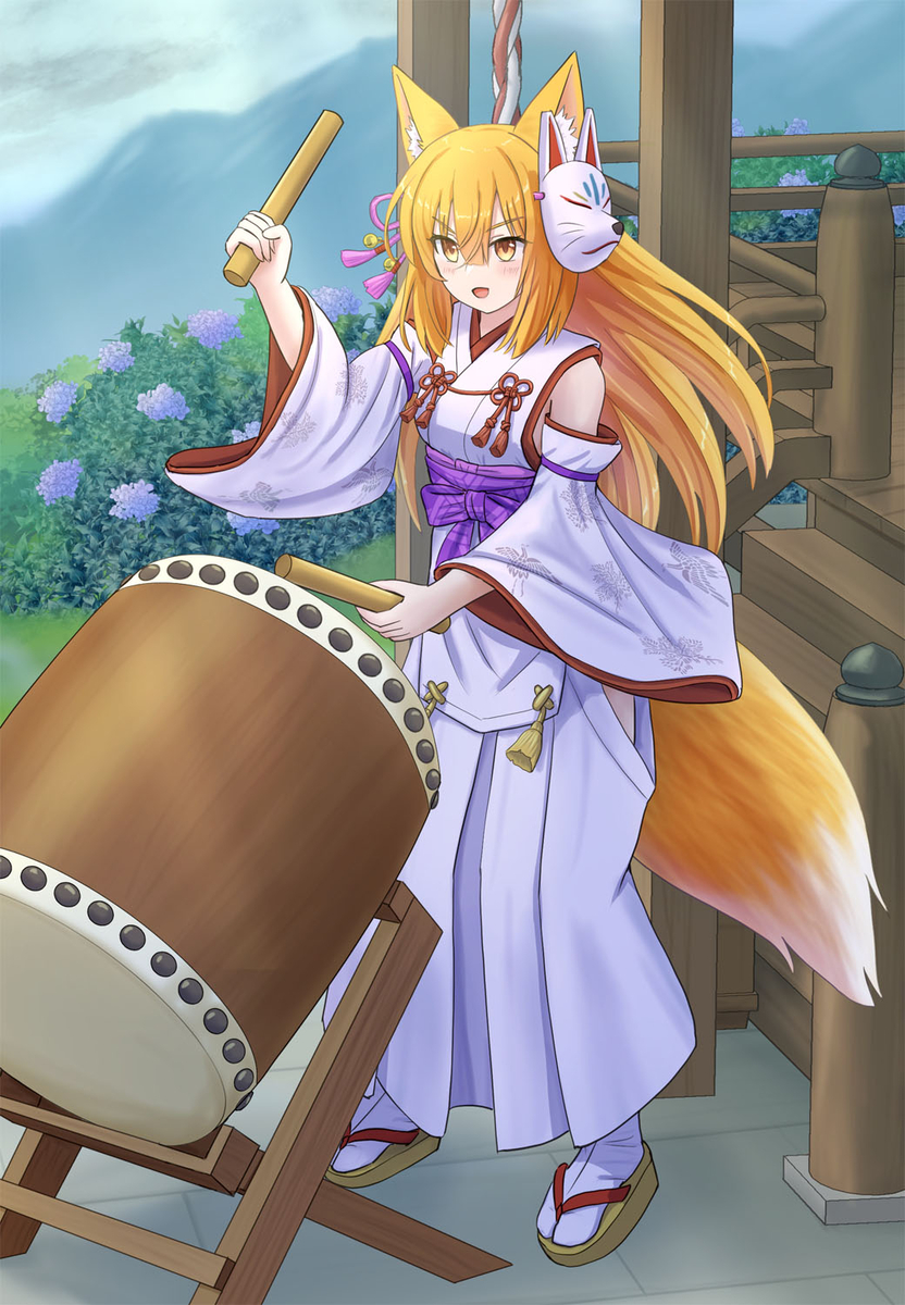 This is a pixiv picture whose title is 和太鼓を叩く狐娘.