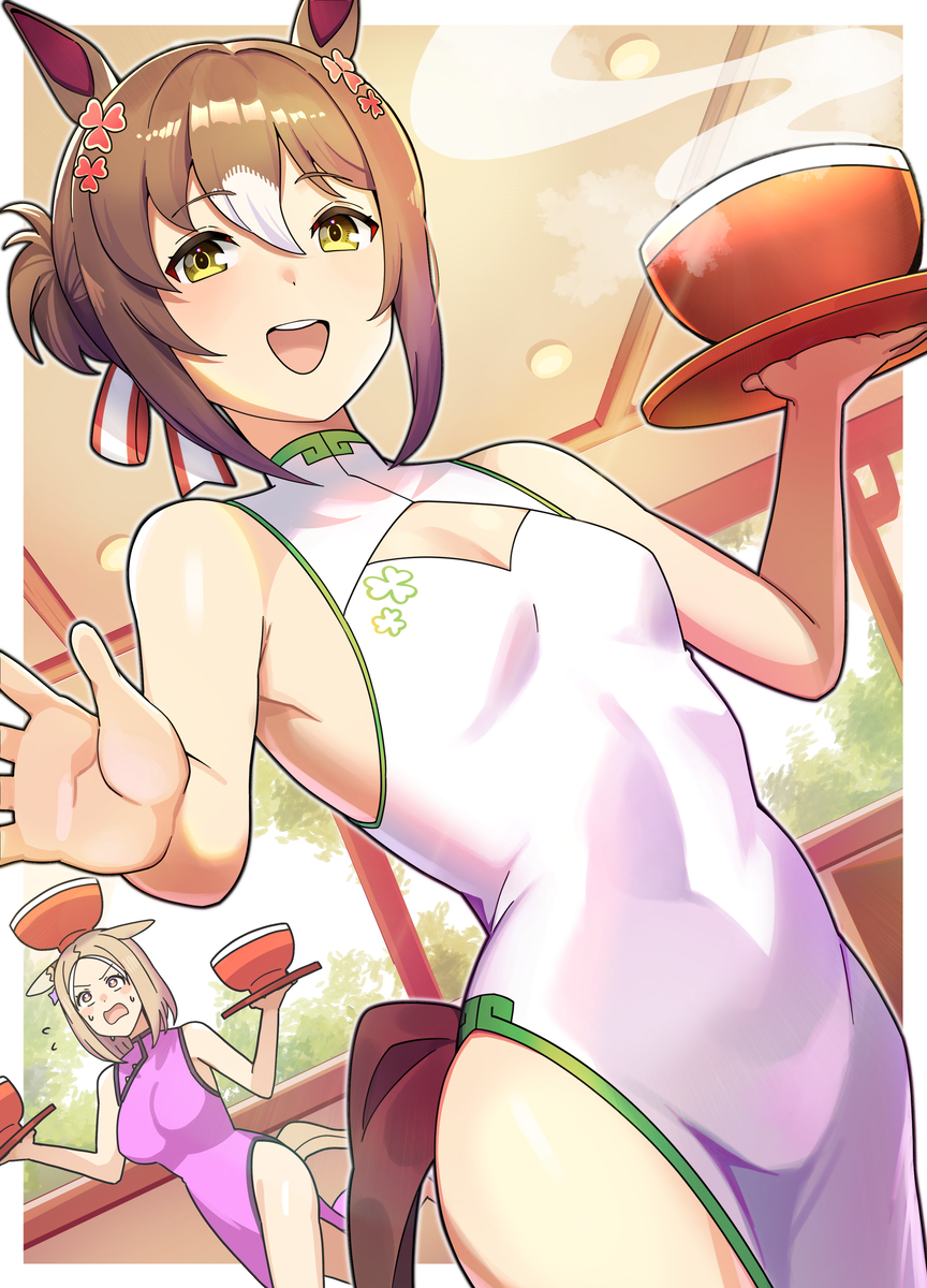 This is a pixiv picture whose title is 殿下がチャイナドレスで接客してくれるラーメン屋.