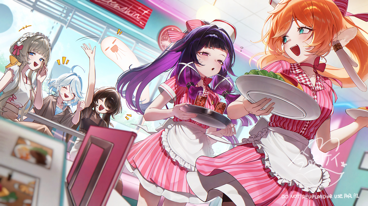 This is a pixiv picture whose title is 新人バイトコロンビーナと先輩バイト煙緋【現パロ】.