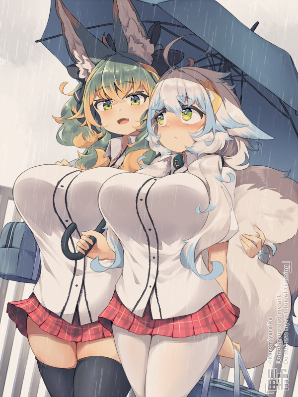 This is a pixiv picture whose title is 「もっと寄らないと濡れるぞ」.