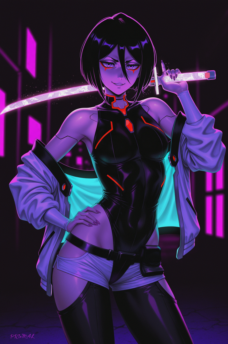 This is a pixiv picture whose title is Rukia x Lucy - Cyberpunk.