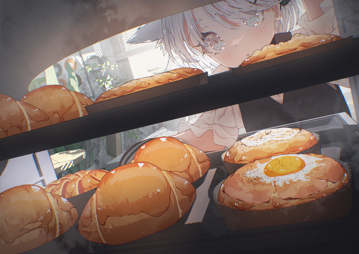 This is a pixiv picture whose title is 休日、パンを焼く.