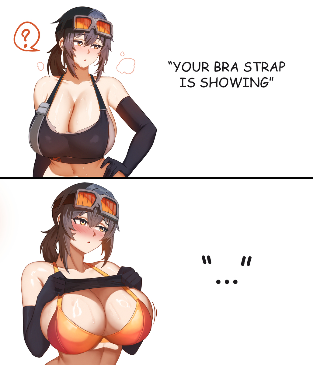 This is a pixiv picture whose title is Bra strap challenge.