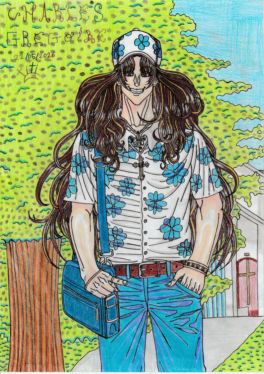 This is a pixiv picture whose title is Charles Grégoire 🌸💙🧢👕✨🌿📘😇🎨💫.
