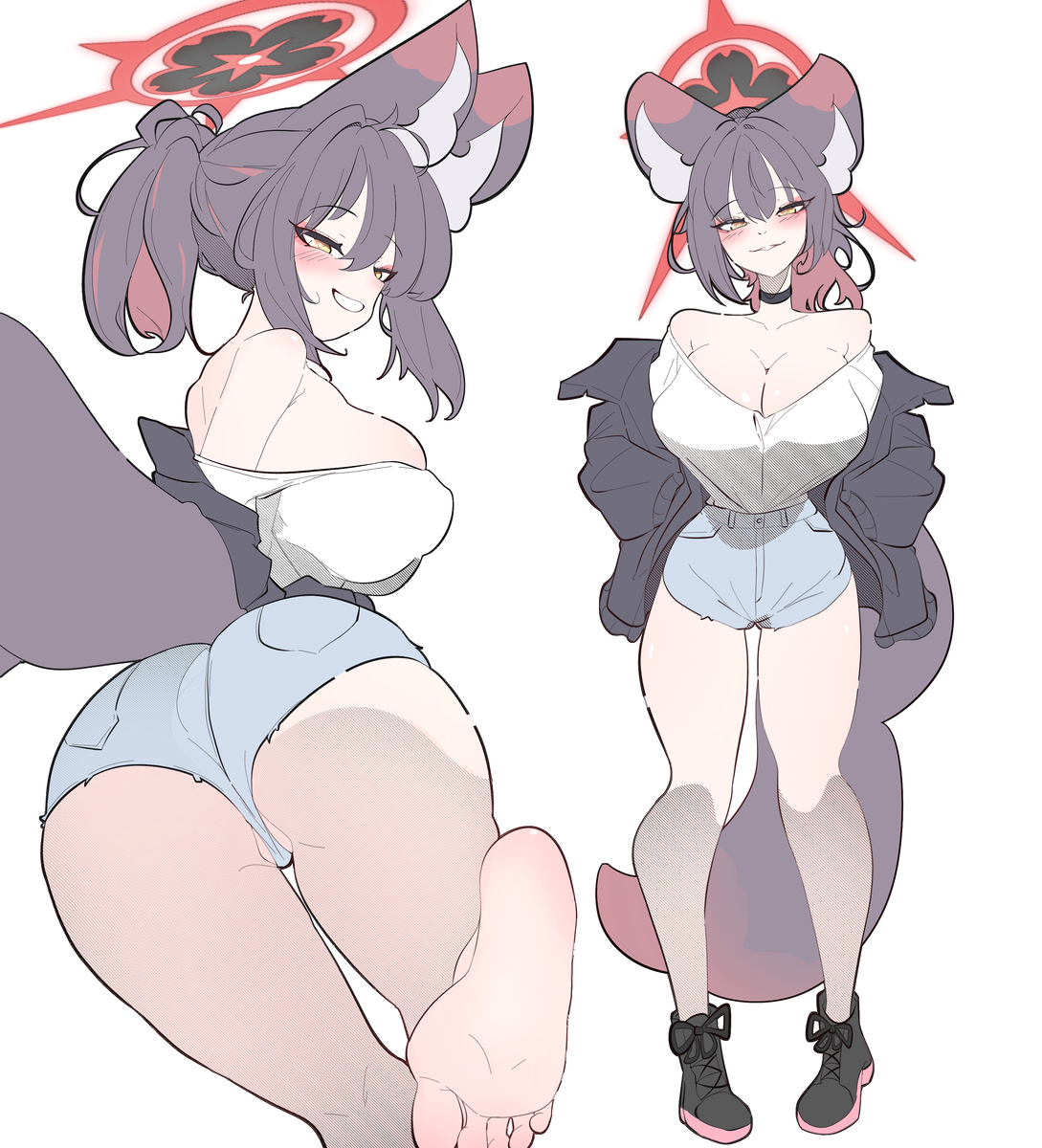 This is a pixiv picture whose title is オフショルダーにホットパンツ.