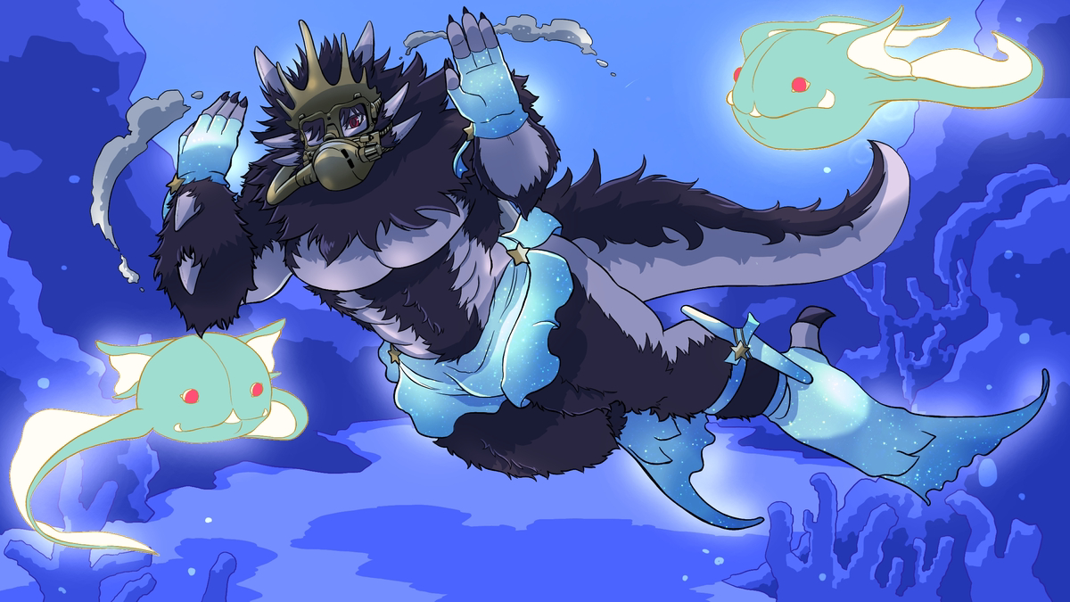 This is a pixiv picture whose title is 「魔界の海で」.
