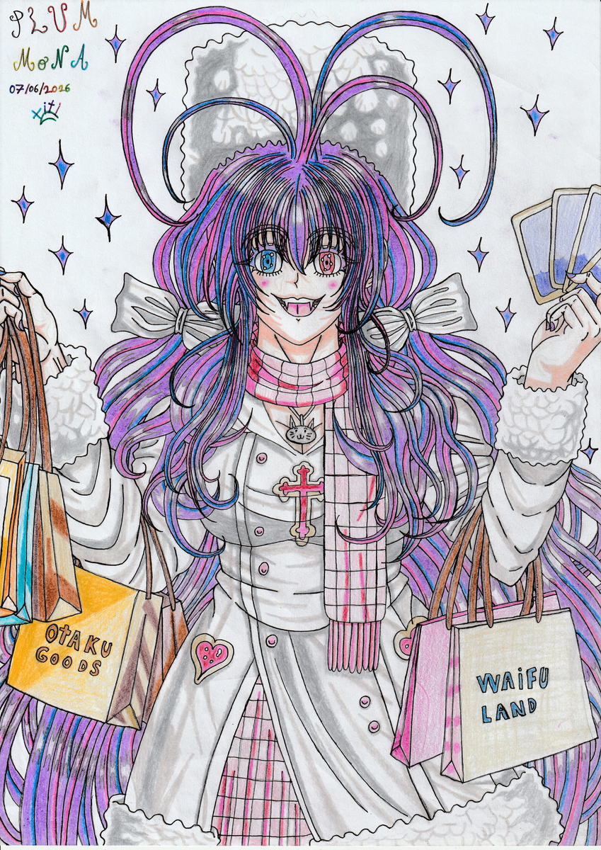 This is a pixiv picture whose title is Plum Mona🌸🎀🛍️👁️🧛🏻‍♀️🛒🤍👑🎤😼.