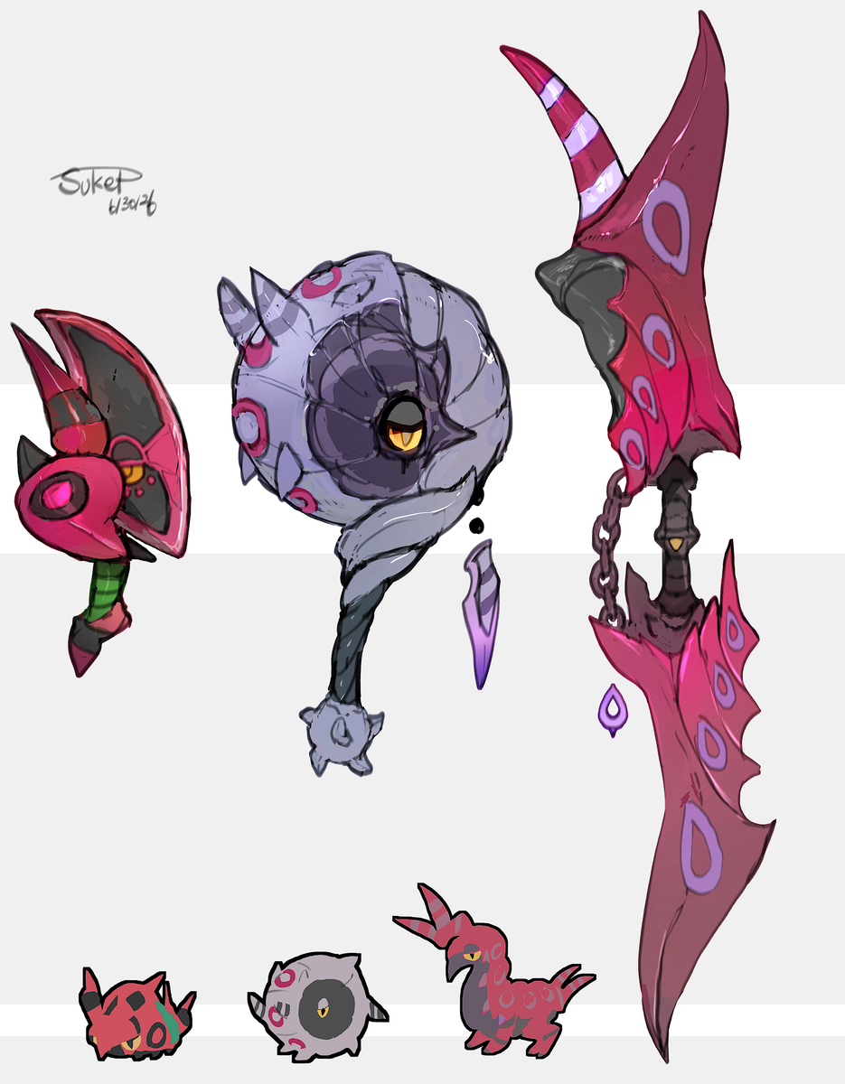 This is a pixiv picture whose title is フシデ・ホイーガ・ペンドラーモチーフの武器（ポケモン）.