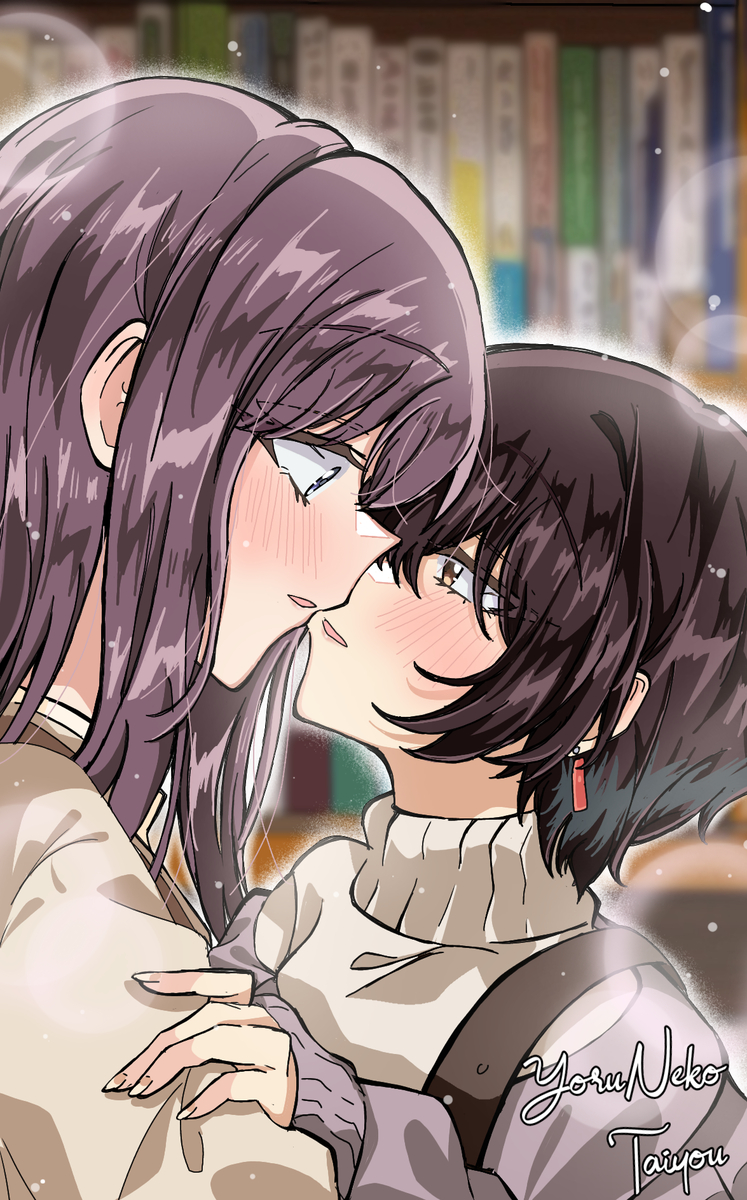This is a pixiv picture whose title is Isn't this what couples do? 💜🖤.