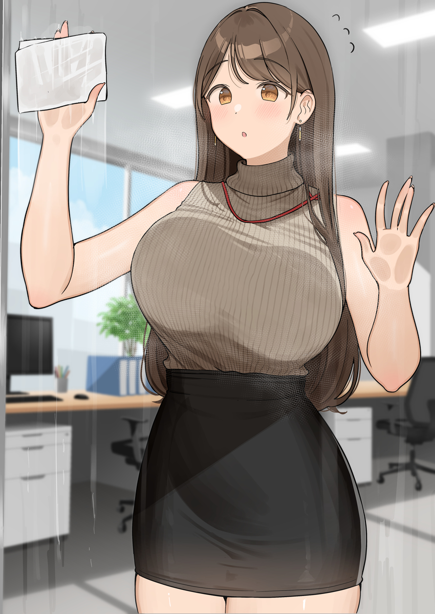 This is a pixiv picture whose title is 窓拭き掃除を頑張るOLちゃん.