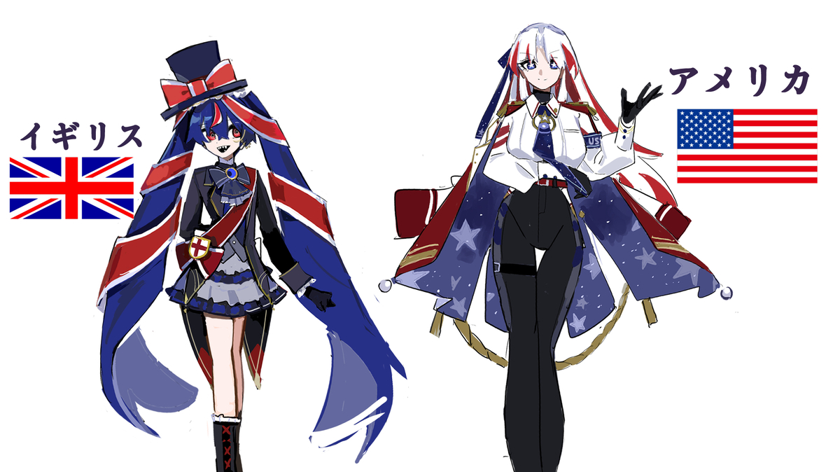 This is a pixiv picture whose title is 🇬🇧と🇺🇸の国旗をイメージしたキャラクターを描きました！.