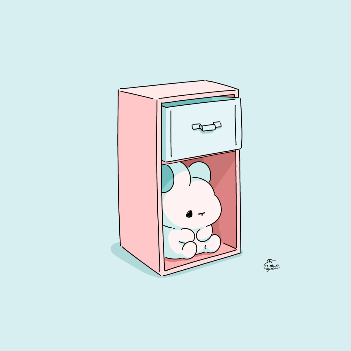 This is a pixiv picture whose title is カラーボックスに入り込むうさぎ.