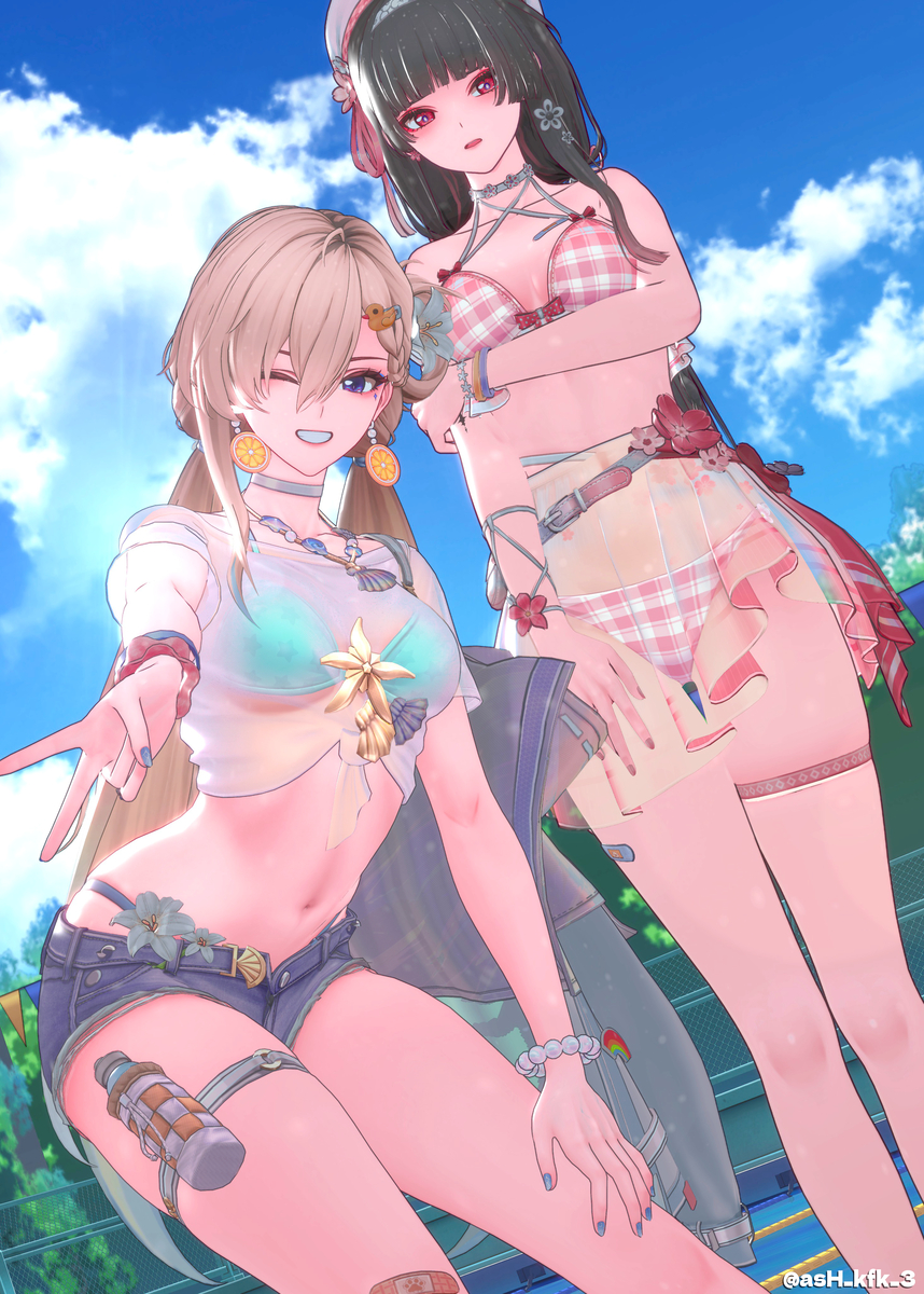 This is a pixiv picture whose title is 水着リンネーちゃん＆水着千咲ちゃん 実装おめでとう記念.