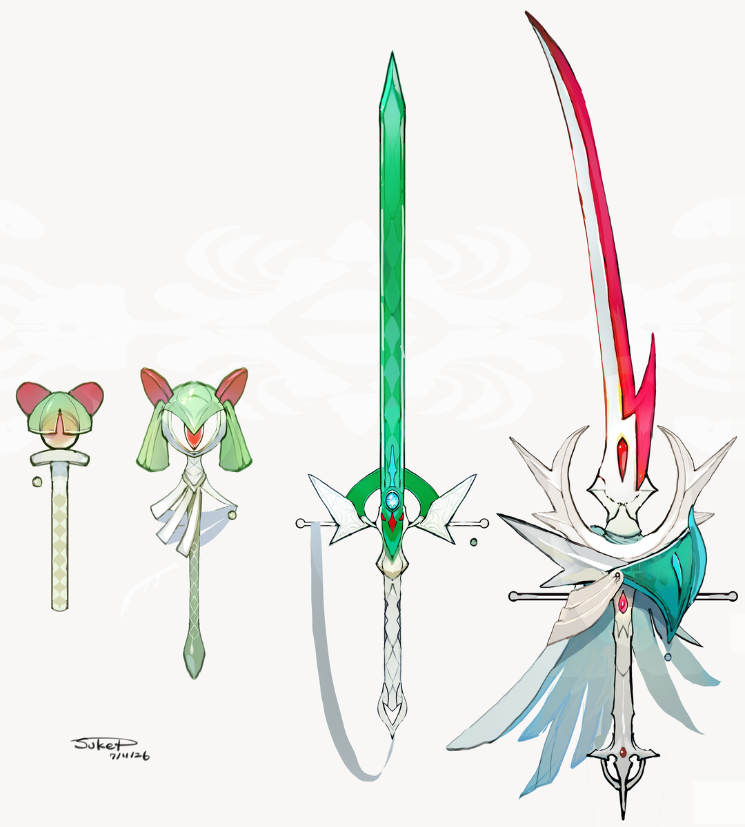 This is a pixiv picture whose title is ラルトス・キルリア・エルレイド・メガエルレイドモチーフの武器.
