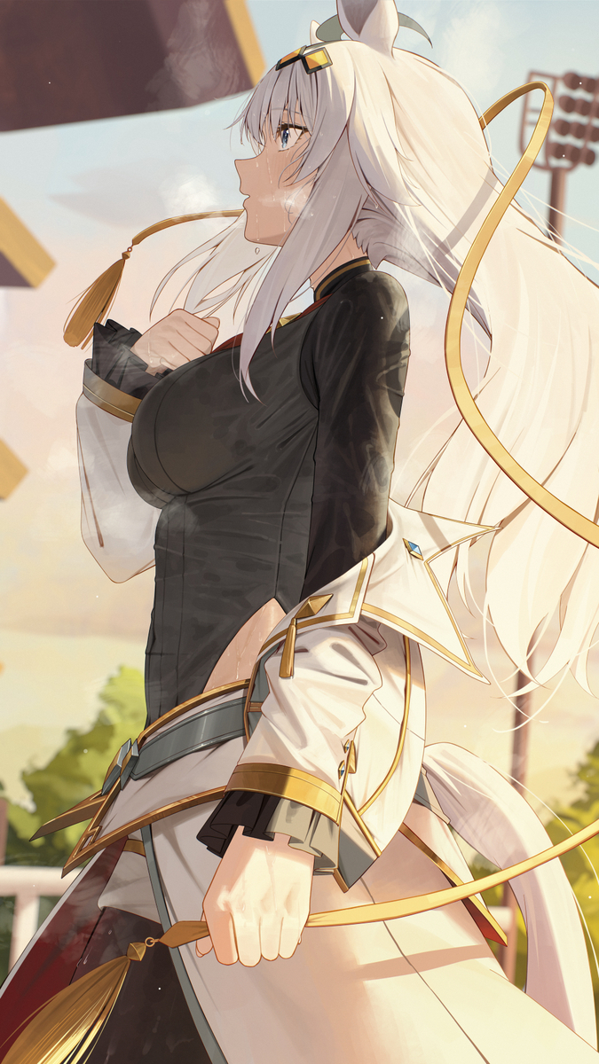 This is a pixiv picture whose title is 汗だくオグリ（シングレ衣装）.