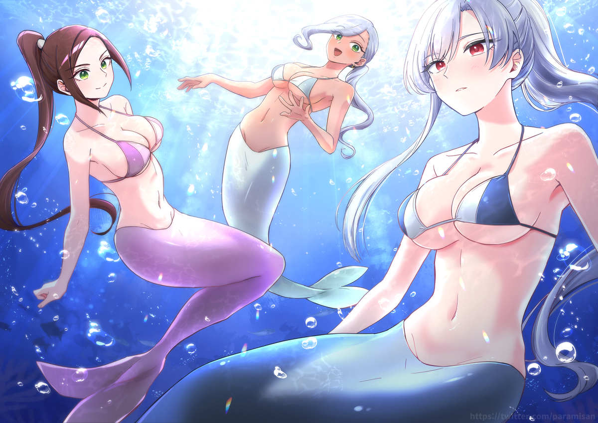 This is a pixiv picture whose title is イルカの人魚の凪乃、騎士華先輩、エイラさん.